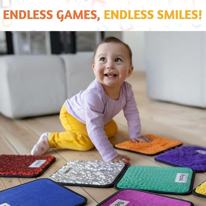 KIGLY® Labeled Sensory Mats for Kids - 9 Pack | Sensory Toys for Classroom with Activity Guide & Canvas Bag - 9x9 inches | Colorful Textured Mats for Autistic Children & Toddlers Learning