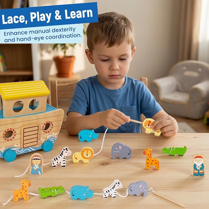 WOODENFUN Wooden Noah's Ark Toy for Toddlers, Baptism Christening Gift | Montessori Educational Toy, Animal Shape Sorter, Christian Toys, Birthday Gift for Boys Girls 3 Years Old