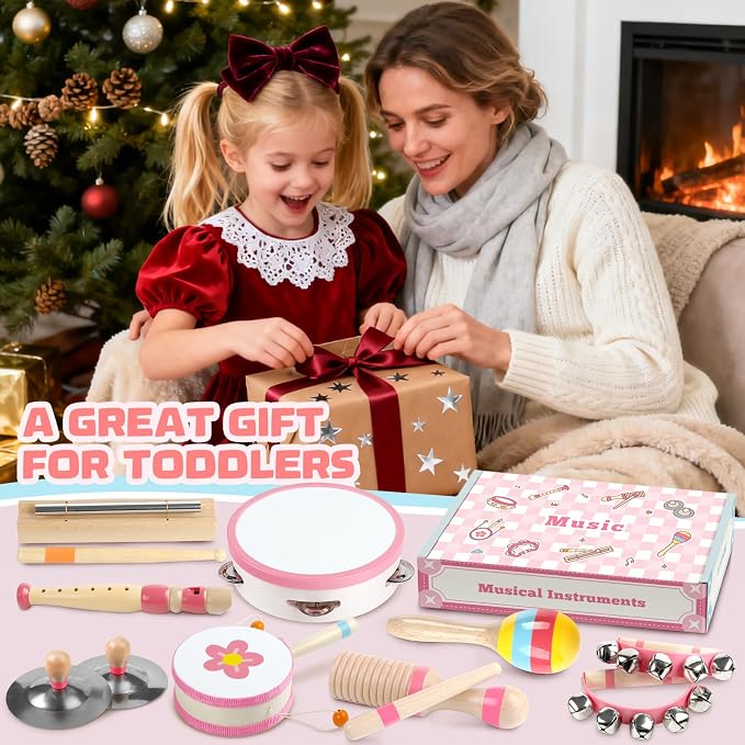 Baby Musical Instruments - Montessori Wooden Musical Toys for Toddlers Kids | 10pcs Tambourine Percussion Instruments Set, Preschool Music Learning Sensory Toys, Educational Birthday Gifts for Boys Girls