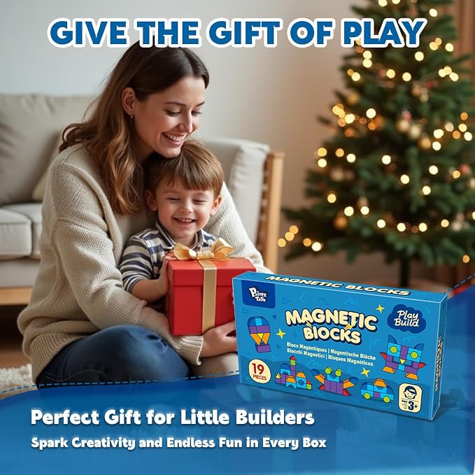 Pairez Toys Magnetic Blocks, Large 1.65 inch Stacking Blocks for Kids | 19 PCS blocks, 7 Colors & 8 Shapes, 3D Building Fun, Montessori Sensory Toy, Preschool Construction Kit, Travel & Outdoor Toy