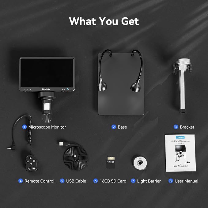 TOMLOV DM9B 7" Digital Microscope: 1080P 1200X Coin Microscope Magnifier, 12MP Ultra-Precise Focusing LCD Soldering Microscopes for Adults, PC View, 16GB, Black