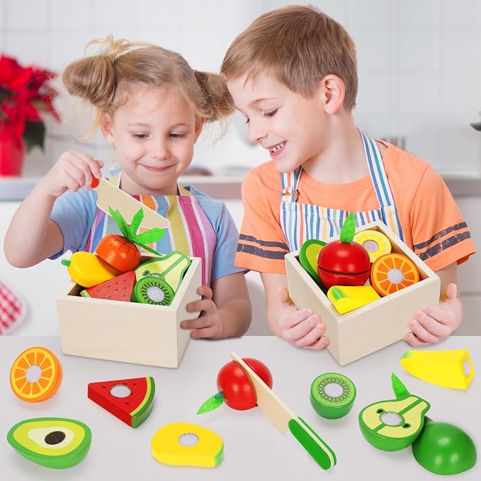 TooyBing Wooden Play Food Toy Set for Kids Kitchen - 30 Pcs Montessori Cutting & Color Sorting Fake Fruit Accessories with 4 Boxes, Play Toys for Toddlers 3, Birthday Gifts for Boys Girls