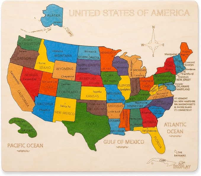 USA Map Wooden Jigsaw Puzzle for Kids | 44 Puzzle Pieces | Learning & Educational Toy Gift for Boys & Girls (ASTM Safety Rating: 3+ Years)