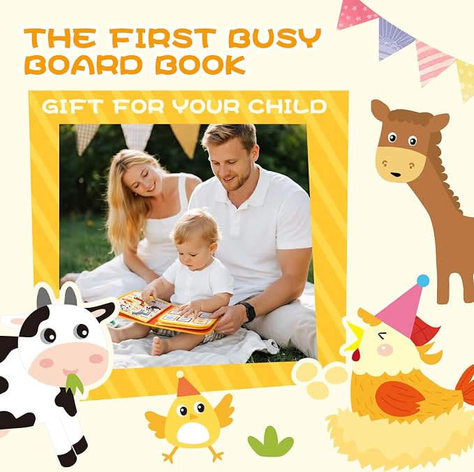 Jollybaby 8 Page Baby Soft Busy Books Sorting & Stacking Toys, Travel Toy & Montessori Sensory Educational, Preschool Learning Activities Toy for 1 2 3 Year Old Toddlers Boy Girl (Happy Farm