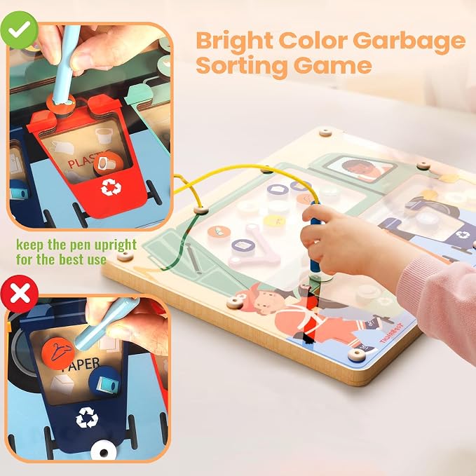TOP BRIGHT Magnetic Garbage Sorting Maze Toy, Montessori Toy for Kids 2-5 | Wooden trash recycling game, Develop fine motor, STEM toy, Portable travel toy, Screen-free, Garbage truck toy gift