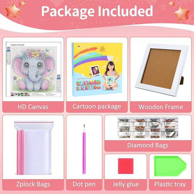 Gemozaic Elephant Diamond Art Kits for Kids Ages 4-8-12 with Frame, 7 x 7 | Cute Animal Diamond Art for Kids 4 6 8 10 12 Year Old, Easy Kid Big Gem Painting, DIY Arts and Crafts for Girl Birthday Gift