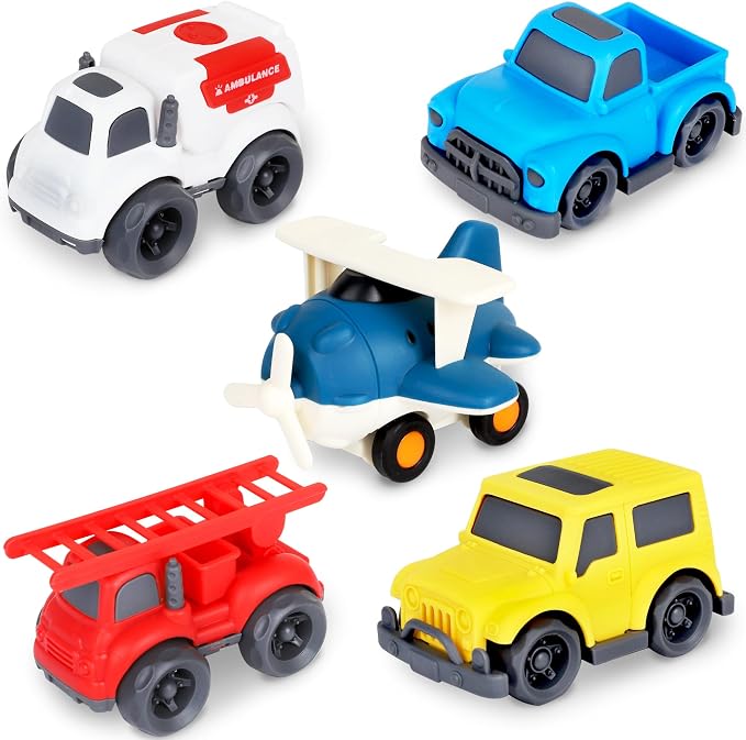 5 Pack Toddler Car Toys Playset - Toy Cars, Including Airplane, Fire Truck, Ambulance, Pick Up Truck and Jeep, Ideal Car Set Gift for Ages 3-5 (Colors May Vary)
