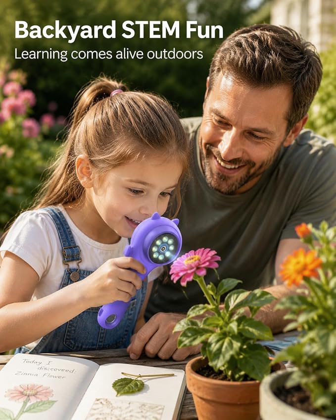 Ashfly Kids Microscope, 500X Digital Magnifying Glass, STEM Toy, Purple | 2-inch IPS Screen, 8 Adjustable LEDs, Macro Autofocus, Built-in Photo Storage, USB-C Charging and Windows PC Viewing