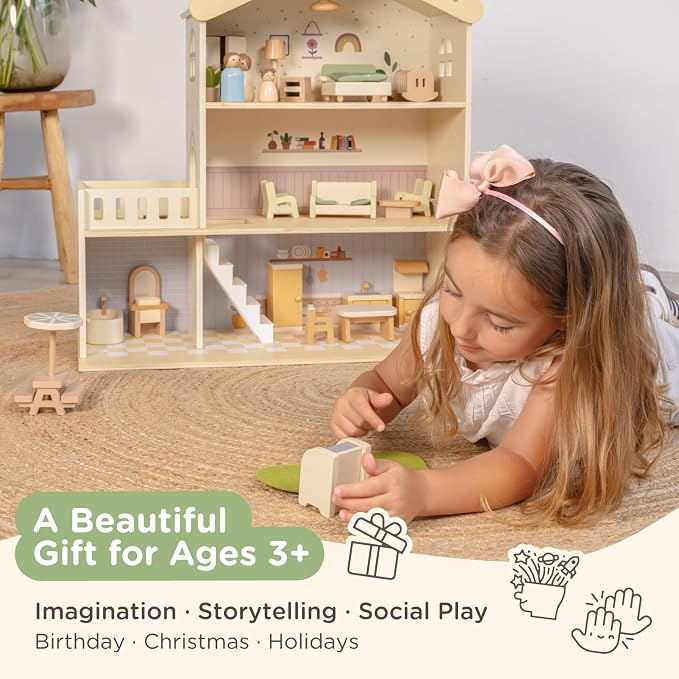 Nene Toys Wooden Dollhouse, 3-Story Doll House for Kids Ages 3+ | 28-piece wooden dollhouse with furniture, family figures, dog, 3 levels, pastel rooms and pretend play for toddlers and kids