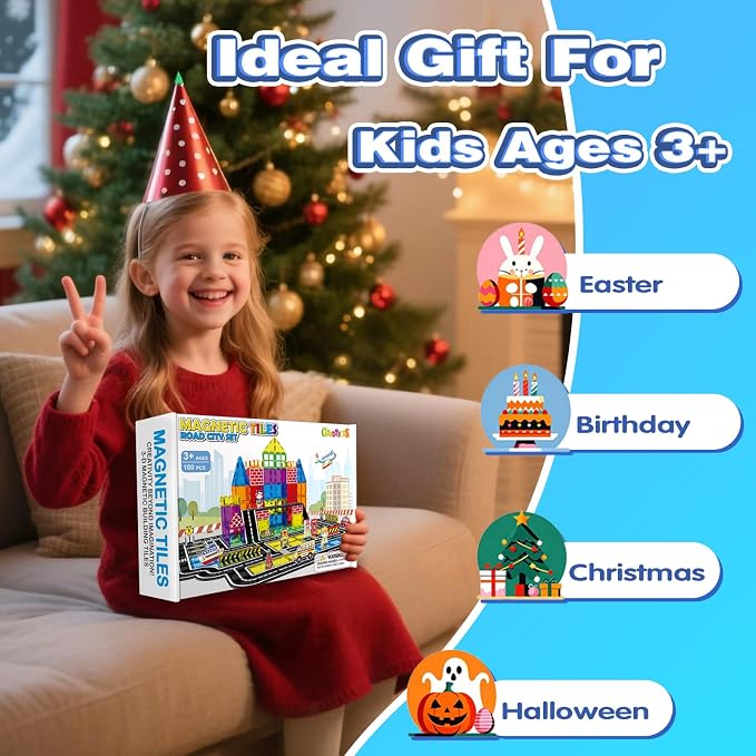 Magnetic Tiles Road Set 100Pcs- Magnetic Building Blocks for Kids Ages 3-5 and 4-8, Preschool STEM Sensory Toys for Kids 3-5, Educational Construction Gift for Boys & Girls Birthday Christmas