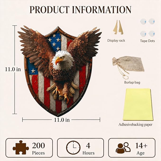 USA 250th Anniversary Wooden Puzzle for Adults, 200pcs American Eagle Puzzle Wooden Jigsaw Puzzle for Adults, Irregular Unique Shaped Wood Puzzle, Challenging Puzzle Gifts for Men & Veterans