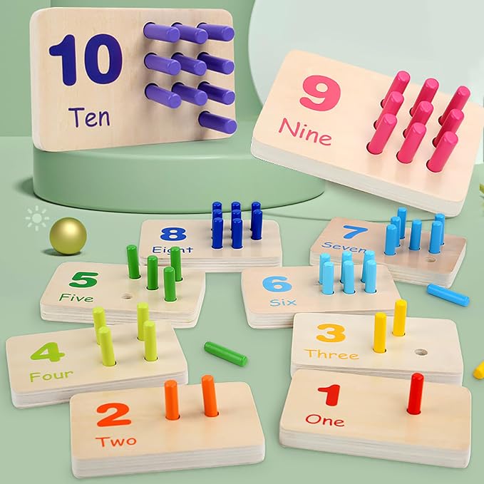 Wooden Counting Numbers Peg Board for Kids, Toddlers Montessori Math Toy 3+ | Thick 1-10 Double-sided Number Boards, 55 Colorful Counting Pegs, Preschool Educational Toy Early Math Learning Activity
