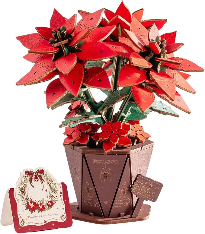 Rowood 3D Puzzles for Adults,Poinsettia Building Set Craft Kit,Artificial Flower Botanical Collection,Christmas Flowers Decoration Centerpiece for Table