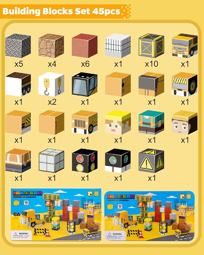 Magnetic Blocks 45 pcs Travel Toys for Toddler & Kids, Construction | Travel Essentials for Airplane, Road Trip & Camping, Gift for 3-8 Year Old Boys & Girl, STEM Learning Toy