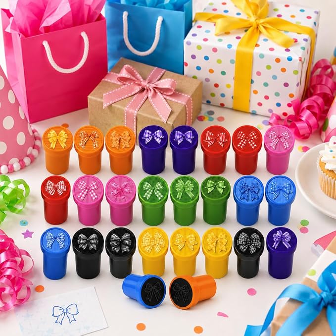 Cinrobiye 24 Pcs Bow Stampers Party Favors for Kids, Cute Pre-Inked Bow Stamps for Birthday Party, Goodie Bag Stuffers, Classroom Rewards, Carnival Prizes, Pinata Fillers, Kids Toys, Party Gifts