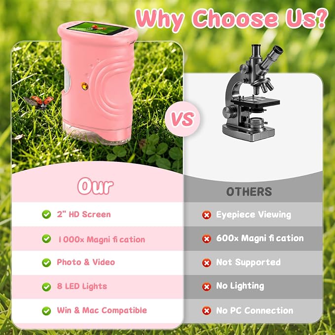 SEEKID Microscope for Kids 200-1000X, STEM Toy Science Kit for Kid(Pink) | Handheld Digital Microscope, 2" IPS Screen, 4K HD Camera 200+ Photo Storage for Girls Boys Child Birthday Gifts