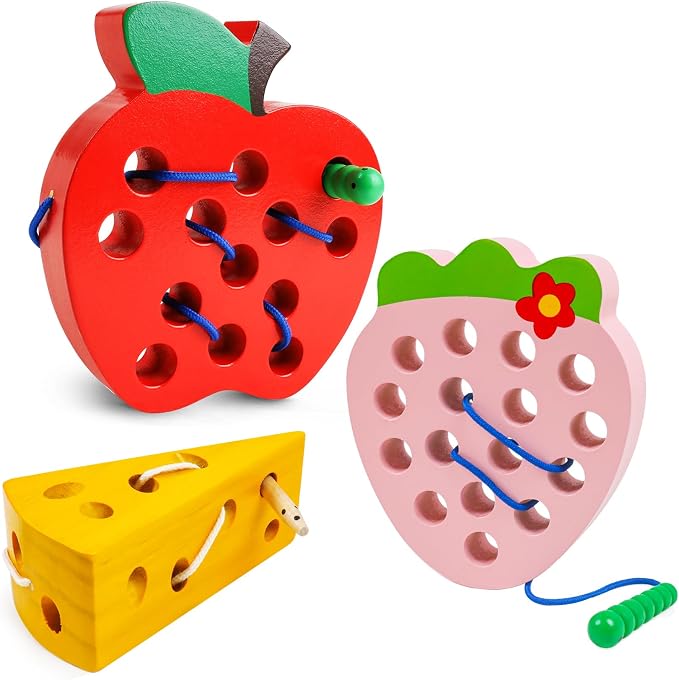 Wooden Lacing Toys for Kids,Car Plane Travel Toys Games Toys Montessori Educational Learning Fine Motor Skills for Boys Girls Ages 3+(3 Pack Threading Toys)