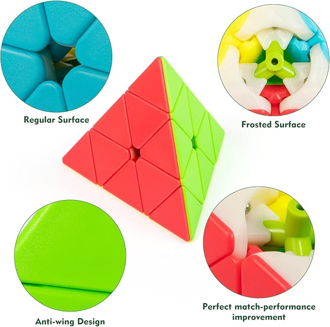 Stickerless Pyraminx Speed Cube with Stand & Guide for Kids & Adults | Smooth-turning STEM puzzle with display stand. Great for classrooms, travel, office desks, gifts and brain training.