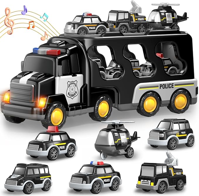 Beby Buty 7 in 1 Police Trucks Cars Toys for Toddlers 3-5, Boy Toddler Car Truck Toys with Light Sound, Birthday Gifts Toys for 3 4 5 6 Year Old Boy, Transport Carrier Truck for Toddlers 3-5 Years