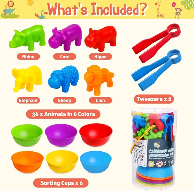 Counting Animals Color Sorting Stacking Matching Games with Rainbow Bowls Montessori Preschool Educational Learning Activities Fine Motor Skills Toys Easter Gift for Kids Ages 3+