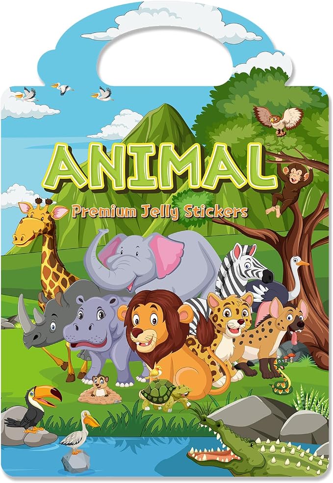 Reusable Sticker Book for Toddlers 3-6, Jelly Stickers for Kids, Sticker Activity Book Travel Toys for Car & Airplane, Educational Learning Gifts for Boys and Girls Ages (Animals Theme)