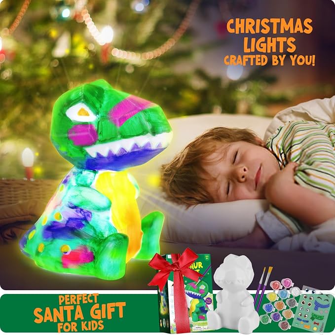 Paint Your Own Dinosaur Lamp Kit, Crafts for Kids Ages 6-12, Gifts for Boys | Dinosaur painting kit with paints and 3D night light; arts and crafts activity and birthday gift for boys ages 6-12