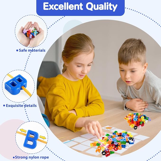 278 Pcs Lacing Letters Beads, 10 Color Alphabet Letter Beads Learning Toys with 18 Laces, Uppercase ABC Bead Letters Toys for Kids Ages 3+, Home Manipulatives for Preschoolers, Back to School Supplies