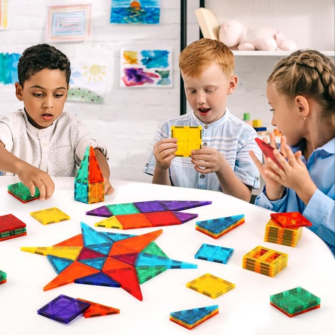 OugerToy 64 PCS Magnetic Building Tiles for Kids Ages 3-9 | Educational Magnetic Stacking Blocks for Boys Girls, Magnets Construction Toys,Stem Preschool Kindergarten Learning Toys