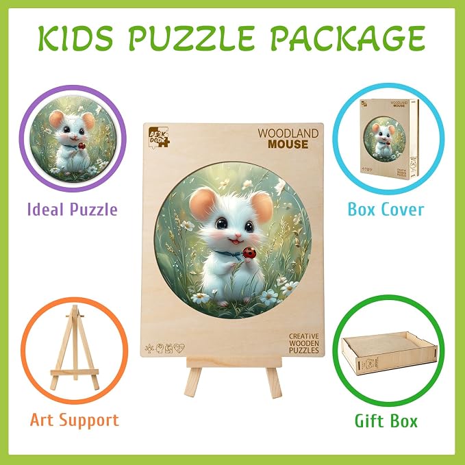 Animal Wooden Puzzles for Kids - Woodland Mouse | 50 Piece Puzzles for Kids Ages 4-6 - Kids Puzzle with Unique Piece Shapes - Round Puzzle for Boys and Girls (11.4 * 11.4 in)
