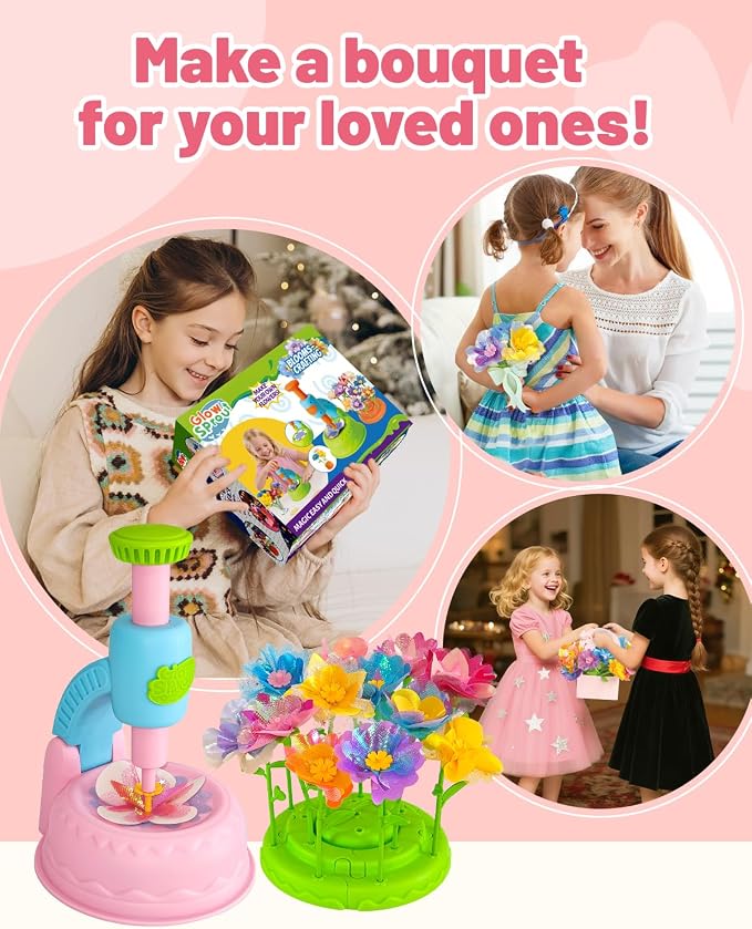 Glowsprout DIY Flower Bouquet Maker Kit with Fabric Petals for Girls, Pink | Easy-press flower maker with colorful fabric petals and stems for bouquets, baskets and creative gifts for girls ages 3-12