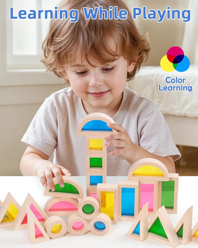 Wooden Blocks, Acrylic Windows, 24pc, 4 Colors, 6 Shapes | Educational Montessori play for ages 18M+; stack acrylic windows to mix colors and create new hues; build houses & towers.