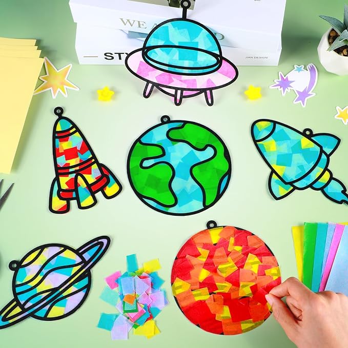 Qyeahkj 36 Set Outer Space Suncatchers Crafts for DIY Solar System Window Tissue Paper Craft Kit Space Hanging Decor for Planet Home Activity Art Project Birthday Party Favor Gift
