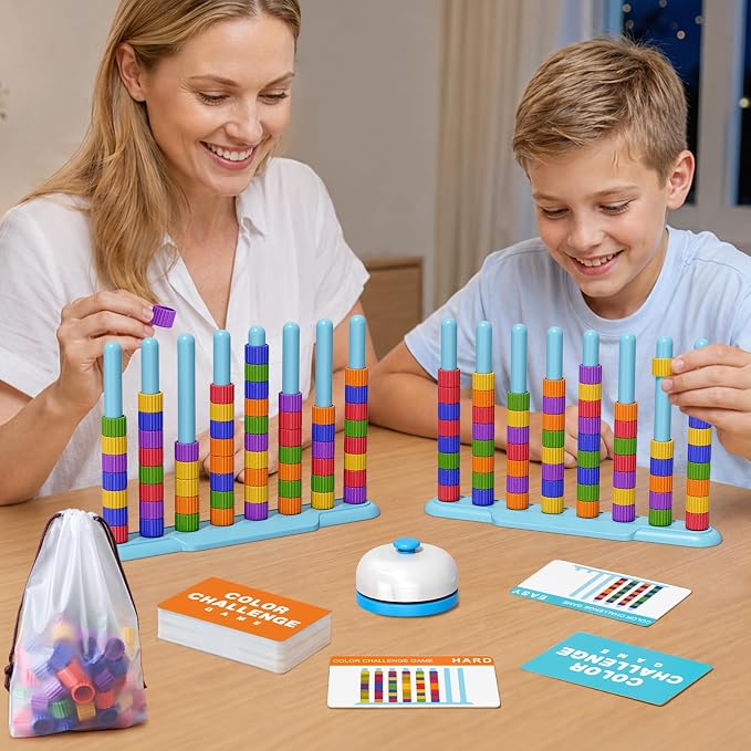Color Challenge Game – 2 Pack Color Matching Game for Family Game Night and Parties, Board Games for Kids 6-8-12 & Adults, Stacking Game with 2 Stack Racks, 100 Cards, 120 Rings, Bell, Storage Bag