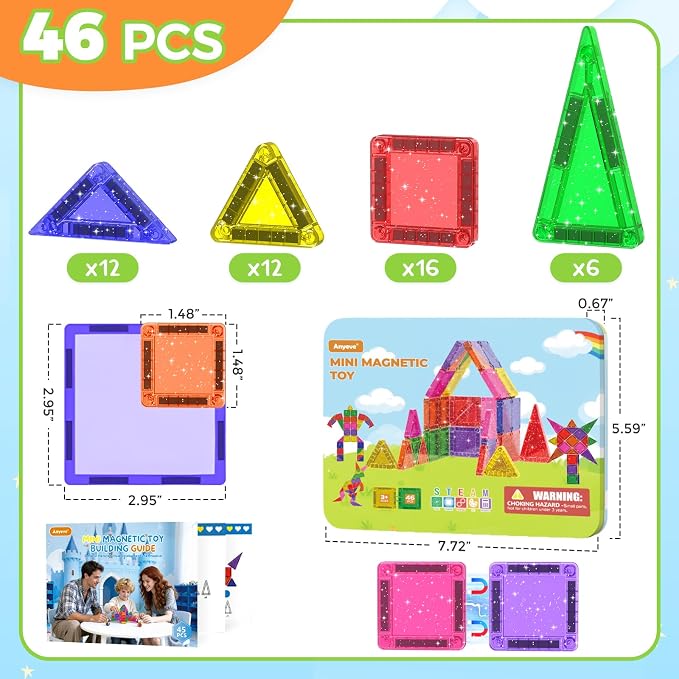 46PCS Glitter Mini Magnetic Tiles Travel Set with Storage Case | Portable Magnetic Blocks Building Toys for Toddlers Kids Ages 4-8, Classroom STEM Learning Toys for Boys Girls Birthday Gift