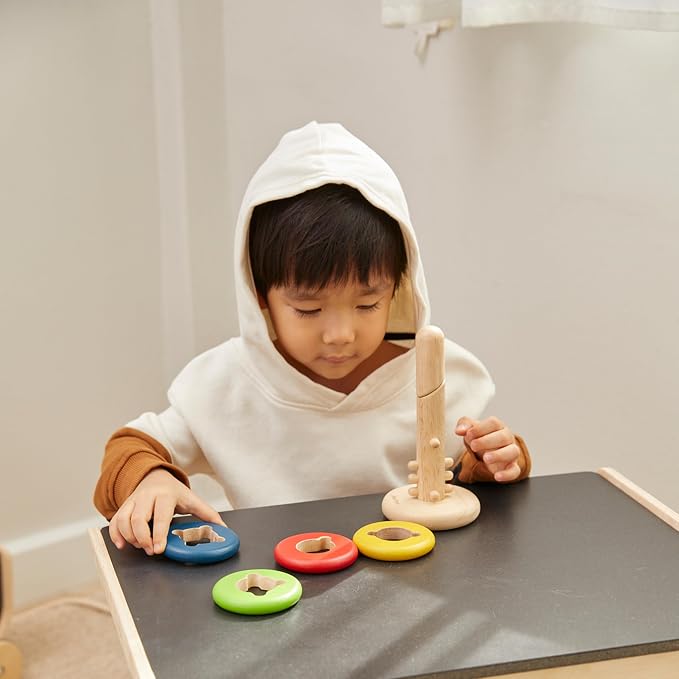 PlanToys® Twist & Sort Wooden Stacking Toy for Toddlers Ages 2+ Montessori | twistable rod colorful rings, wooden twist sort stacker, montessori fine motor toy, ages 2+ educational puzzle, toddlers kids