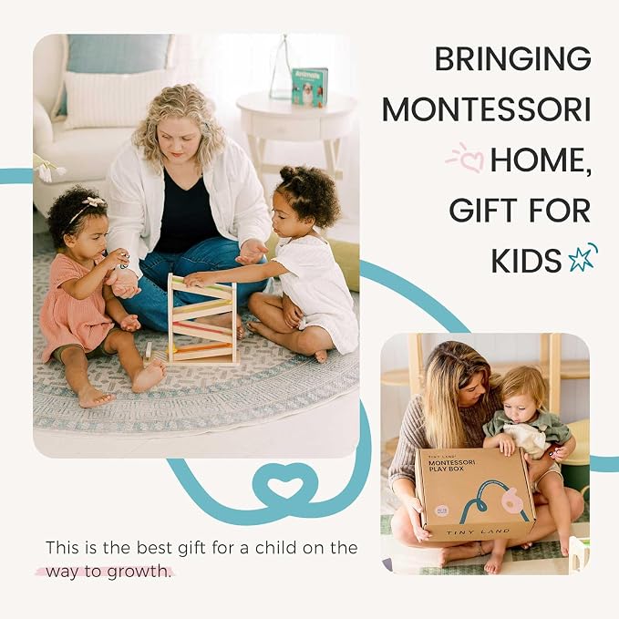 Tiny Land Montessori Baby Toy Set 16-18 Months 7 in 1 Adventure Kit | Ramp race track, shape sorting box, color matching, lacing beads, nesting dolls, animals board book, fine motor play gift