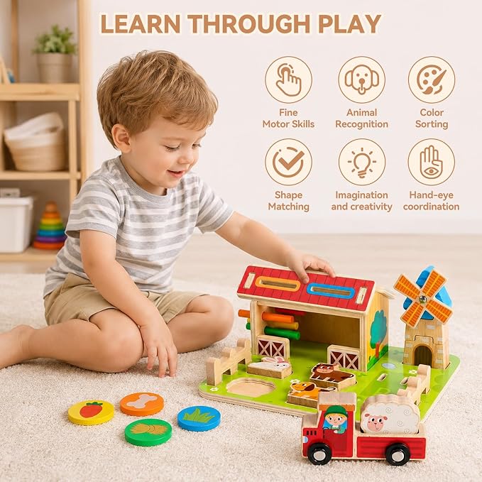 FIIOEOY Wooden Montessori Toys, Farm Animal Barn for Toddlers 1-3 Year Old | Colour Shape Sorting, Sorting & Stacking, Pretend Play, Educational Learning Toy, Fine Motor Skills, Birthday Gift