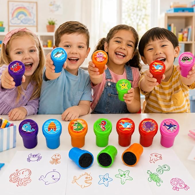 Cinrobiye 24 Pcs Ocean Animal Stampers Party Favor Set, Cute Sea Life Stamps for Kids Birthday Party, Classroom Rewards, Carnival Prizes, Goody Bag Fillers, Under the Sea Party Supplies