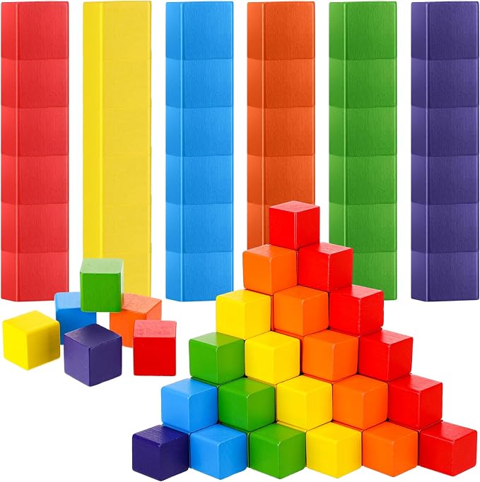 Libima 100 Pcs 1.2 Inch Wooden Building Blocks Stacking Game, Rainbow Wood Blocks Set Square Colorful Wooden Cubes Counting Large Learning Educational Toys for Math Boys Girls