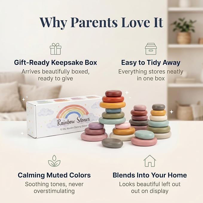 Rainbow Stones Wooden Stacking Rocks for kids 2-4, 16 PCS Montessori Waldorf Toys for 3 4 5 6 Year Old, Balancing Stones, Stacking Building Blocks, Sensory STEM Gift for Boys Girls Kids