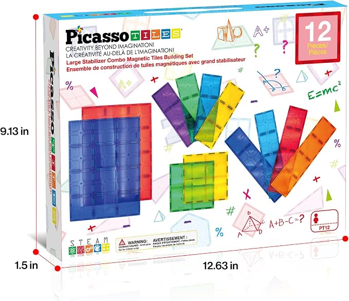 PicassoTiles 12 Piece Magnetic Tile Base Plate Set, Jumbo Stabilizer Boards | Large format design, no assembly needed, STEM building toy for ages 3+, one-piece foundation, toddler friendly