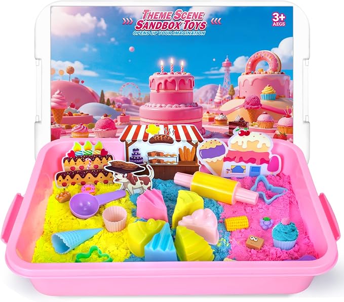 Cake & Ice Cream Sensory Bin Sand Toy, Play Sand Art Kit Set for Toddlers | Sensory Bin with Sandbox & Accessories & Tools & 3 Color Magic Sand, Pretend Play Desserts Toys Set Gifts for Girl Toddlers