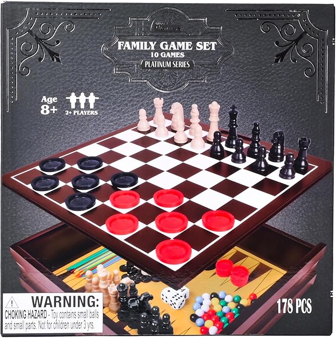Elbow Room Games Family Game Set, 10 Classic Games with Wooden Storage Box and Built-in Game Boards, Endless Fun for Game Nights, Gatherings & Travel, 2+ Players | Wood Construction, Built-In Storage Box, 2 Players, Strategy Genre, 12.25 x 3 in, Printe...