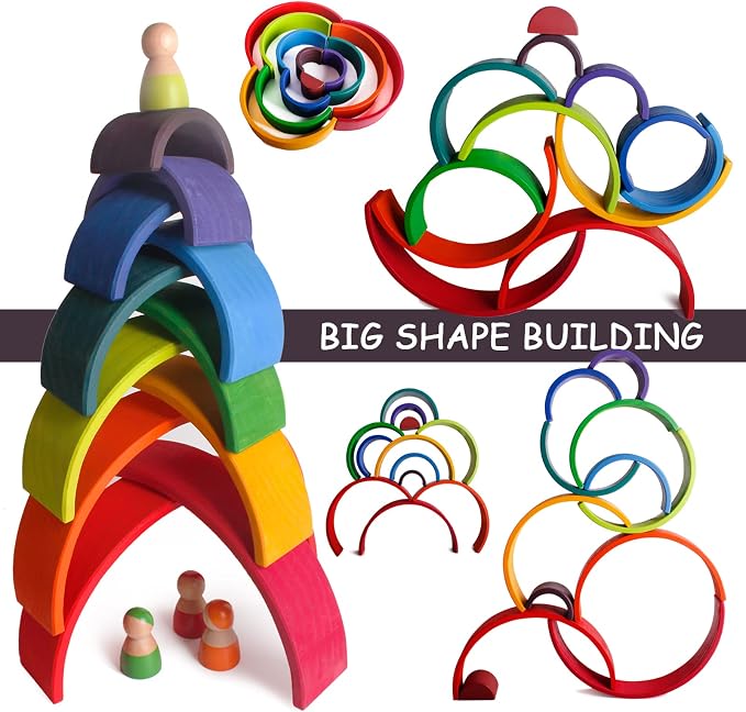 Wooden Rainbow Stacking Toy, 12-Piece Wooden Building Block Set, Wooden Building Block Nesting Puzzle, Early Childhood Matching Education and Learning Montessori Toys 3 4 5 6 Years Old