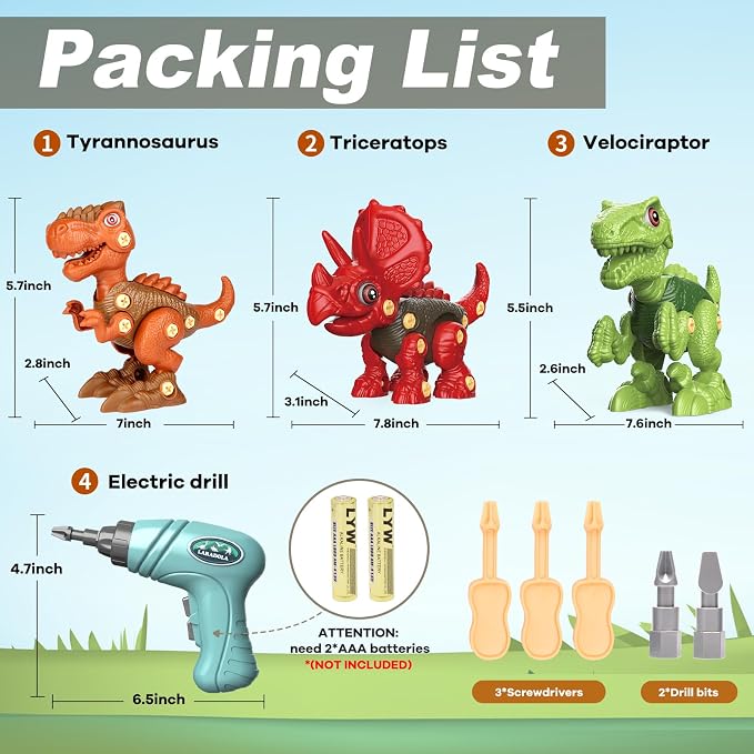 Take Apart Dinosaur Toys for Boy: 85 Pieces 3 Pack & Electric Drill for 4-6 | Easy-to-Use Dinosaur Construction Building Set for Little Hands - STEM Educational Toy & Gifts for Kids Birthday Christmas