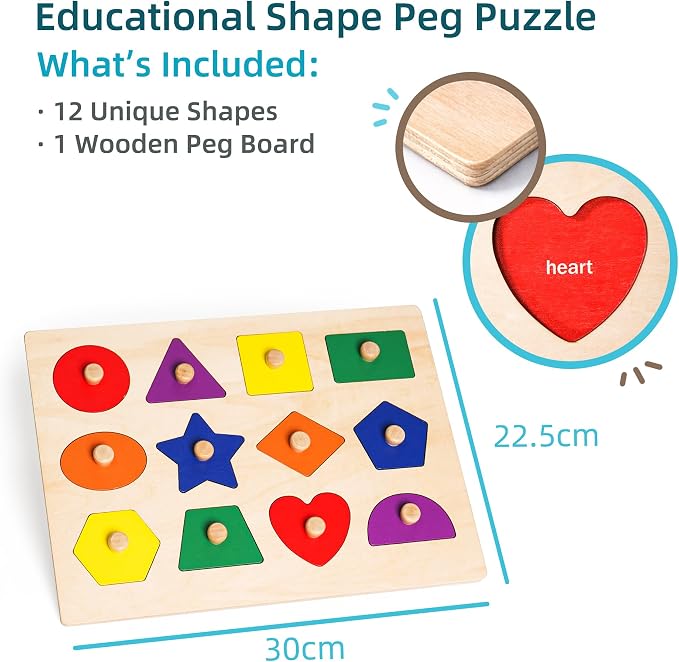 Wooden Shape Peg Puzzle Board, Educational Geometric Learning Board with Knobs, Multicolor Basic Shapes