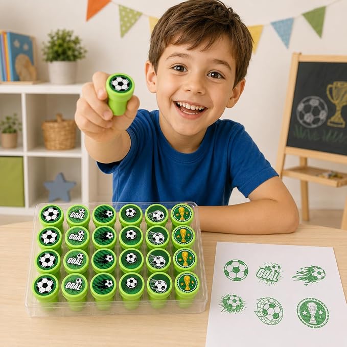 Cinrobiye 24 Pcs Soccer Sports Stampers for Kids, Pre-Inked Football Party Favor Set, Sports Birthday Party Supplies, Classroom Rewards, Goody Bags, Piñata Fillers