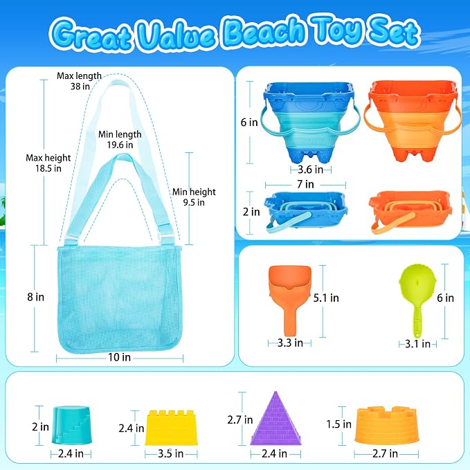 Beach Toys, Collapsible Sand Toys - 9pcs Sand Castle Building Kit: Foldable Sand Buckets, Shovels, Castle Molds & Packable Mesh Bag - Sandbox Toys for Toddlers, Kids Ages 3-12, Beach Travel