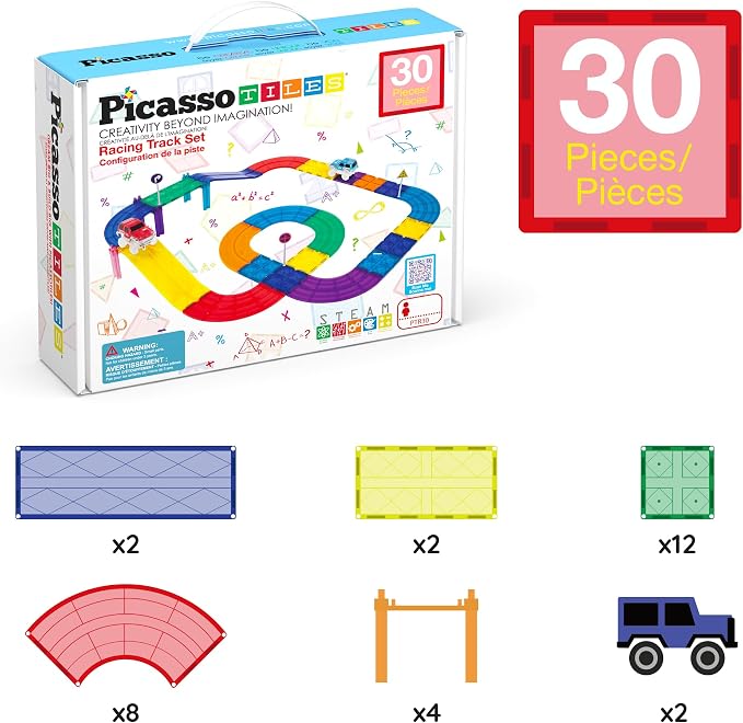 PicassoTiles 30 PCS Magnetic Race Track Toy Set STEM Educational Building | Ages 3+, BPA-free materials, promotes hand-eye coordination & engineering skills, Hands-On Learning & Screen Free Play