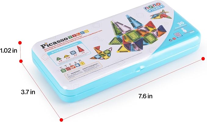 PicassoTiles Magnetic Tiles 30pc Nano Building Construction Set Compact Mini Travel Magnet Tile Playset with Tin Storage Case STEM Educational Learning School Brain Toy Blocks Boys Girls Ages 3+ PN09